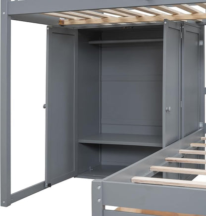 Merax Full Over Twin Bunk Bed with Wardrobe and Drawers, Gray