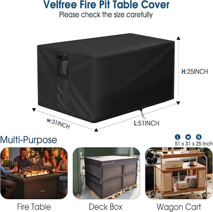 Fire Pit Cover Rectangular 51 Inch, Outdoor Fire Table Cover Rectangle, Waterproof Heavy Duty Cover for Patio Fireplace/Gas Firepit Table/Patio Propane Firepit- 51 x 31 x 25 Inch