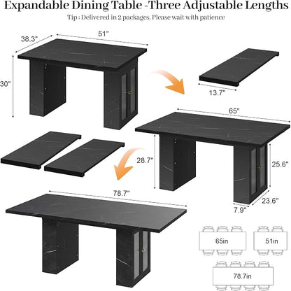 51"-78" Extendable Dining Table for 4-8, Black Faux Marble Kitchen Table | Modern Dining Room Table with Hidden Storage, Rectangle Dinner Tables for Dining Room Kitchen Living Room (Black Marble)