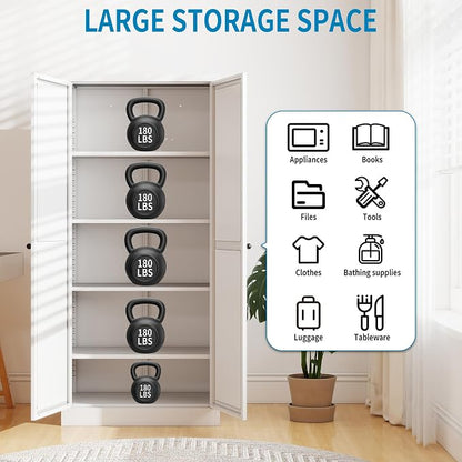 61" H White Metal Kicthen Pantry Storage Cabinet 5-Tier Cupboard | Pantry with 2 Doors & 4 Adjustable Shelves, Tall Metal Locker for Kitchen, Living Room, Garage, Assembly Require