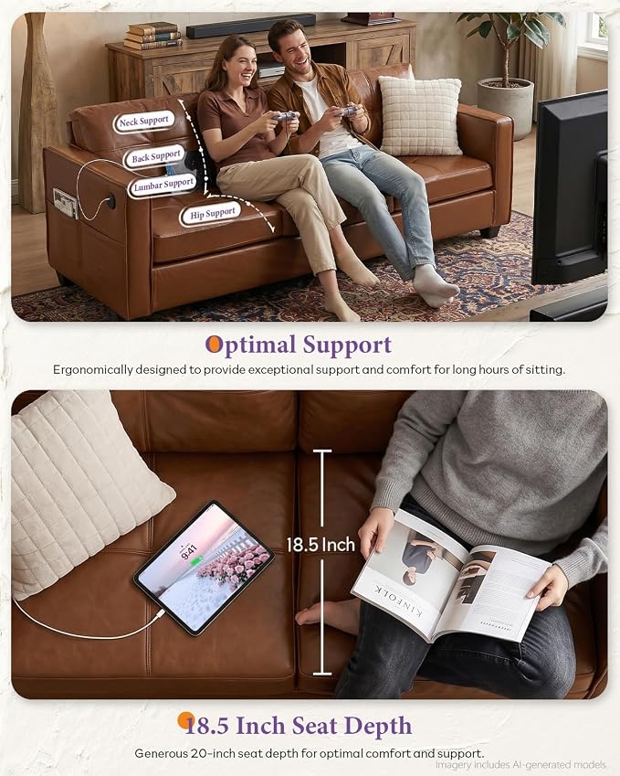 TYBOATLE 65" Faux Leather Love Seat Sofa for Living Room, Modern Tufted Comfy Loveseat w/USB Charging Ports and Wide Arms, 2 Seater Office Small Couch for Small Space Bedroom, Brown