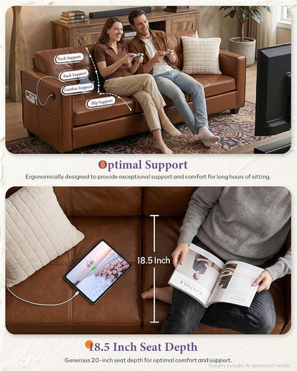 TYBOATLE 65" Faux Leather Love Seat Sofa for Living Room, Modern Tufted Comfy Loveseat w/USB Charging Ports and Wide Arms, 2 Seater Office Small Couch for Small Space Bedroom, Brown