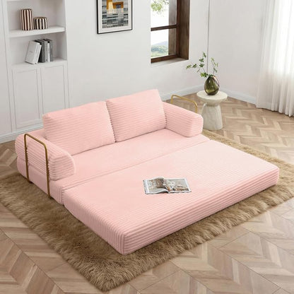 HANXIN 80 Inch Convertible Sleeper Sofa Bed, High Back Plush Corduroy Folding Floor Mattress Couch with Fixed-Shape Frame, Boneless Futon Loveseat with Pull Out Bed, No Assembly Required (Pink)