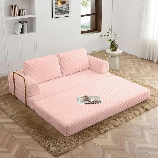 HANXIN 80 Inch Convertible Sleeper Sofa Bed, High Back Plush Corduroy Folding Floor Mattress Couch with Fixed-Shape Frame, Boneless Futon Loveseat with Pull Out Bed, No Assembly Required (Pink)