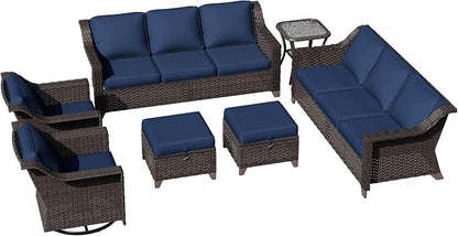 7 Pieces Patio Conversation Furniture Set - 2 Sofas, 2 Ottomans, 2 Swivel Chairs, 1 Side Table, Outdoor Wicker Furniture with Removable Cushions for Porch, Balcony, Sunroom (Blue)