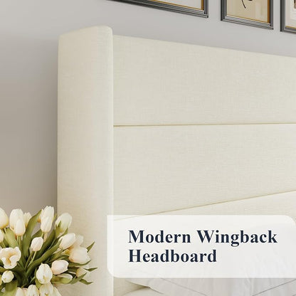Allewie King Size Lift Up Storage Bed, Chenille Fabric Upholstered, Modern Wingback Headboard, Hydraulic Support, No Box Spring Needed, Cream White