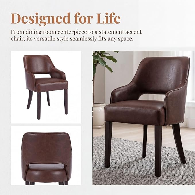 Faux Leather Upholstered Dining Chairs Set of 2 with Arms | Brown faux leather upholstery, solid wood legs, curved open back, padded seat, easy-care surface, dining room, kitchen
