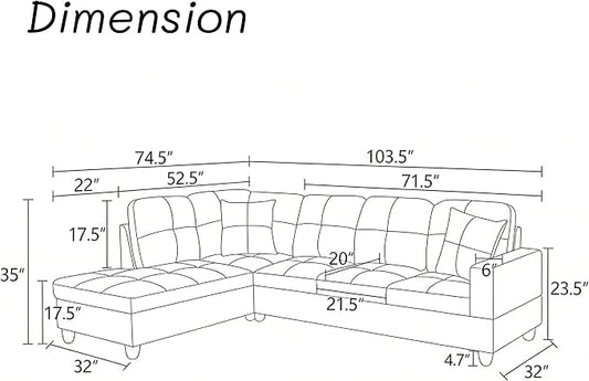 L-Shaped Sectional Sofa, Modern 4-Seat Couch with Left Facing Chaise, Leather Sectional Couch for Living Room, Apartment, Office, Dark Red
