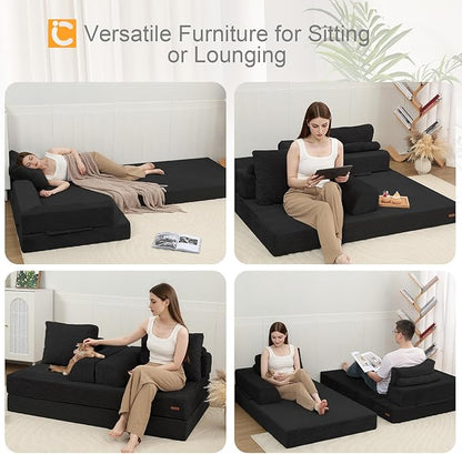 COMAX Futon Sofa Bed, Convertible Sofa Bed, Folding Boneless Couches | Boneless Couch for living room, 4‑in‑1 Fold Out Small Foldable Loveseat Floor Sleeper Mattress Lounge Space‑Saving