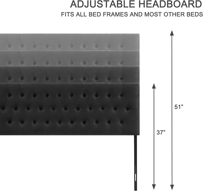 Tufted Upholstered Headboard Queen Size, Adjustable Height 37- 51 in, Black | Sturdy and Durable Solid Wood Bed Headboard, Fabric Queen Headboard Only, Modern Button Diamond Design Head Board