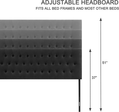 Tufted Upholstered Headboard Queen Size, Adjustable Height 37- 51 in, Black | Sturdy and Durable Solid Wood Bed Headboard, Fabric Queen Headboard Only, Modern Button Diamond Design Head Board