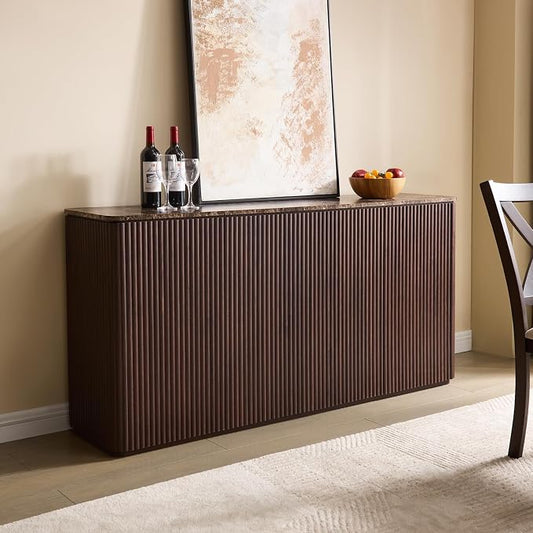 Fluted 4 Doors Sideboard Cabinet with Storage, 64" Wooden Credenza with Shelves, Faux Marble-Top Coffee Bar Console Table, Modern Buffet Cabinet for Dining, Kitchen, Living Room, Entryway, Dark Oak