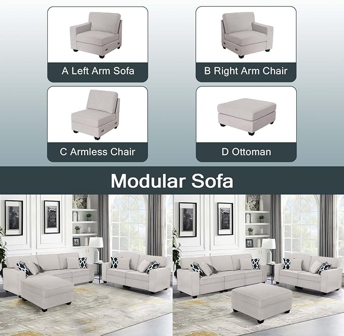 Legend Vansen Oversized Modular Sectional Sofa,U/L‑Shaped Reversible Couch with Ottoman,Deep Seat Plush Polyester Sofa for Living Room,6‑Seater,Light Grey