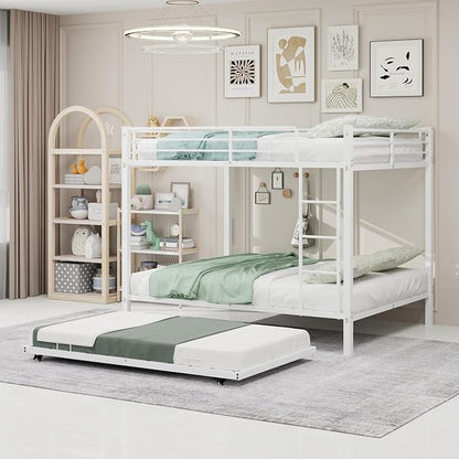 Metal Bunk Bed with Trundle, Space-Saving Bunk Bed Full Over Full with Ladders and Safety Guardrail, Heavy Duty Full Bed Frames, No Box Spring Needed and Noise Free(White)