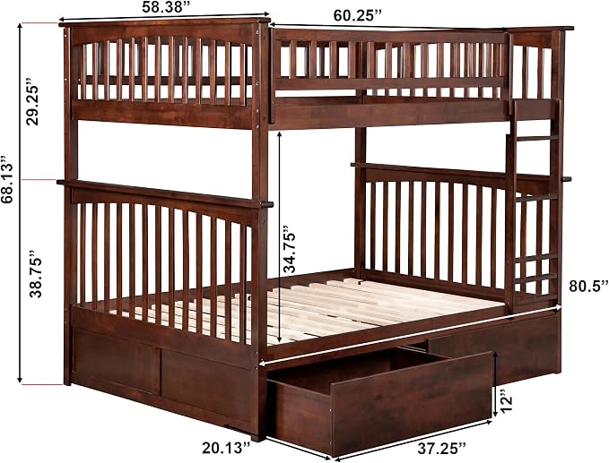 AFI, Columbia Full Over Full Ladder Bunk Bed with Storage Drawers, Walnut