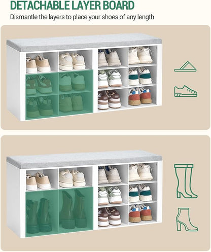 Hzuaneri Shoe Bench with Cushion, Entryway Storage Bench with 12 Cubbies, Cubby Shoe Rack with Adjustable Shelves, Shoe Organizer Cabinet for Living Room, Bedroom, Entryway, White SB19003GY