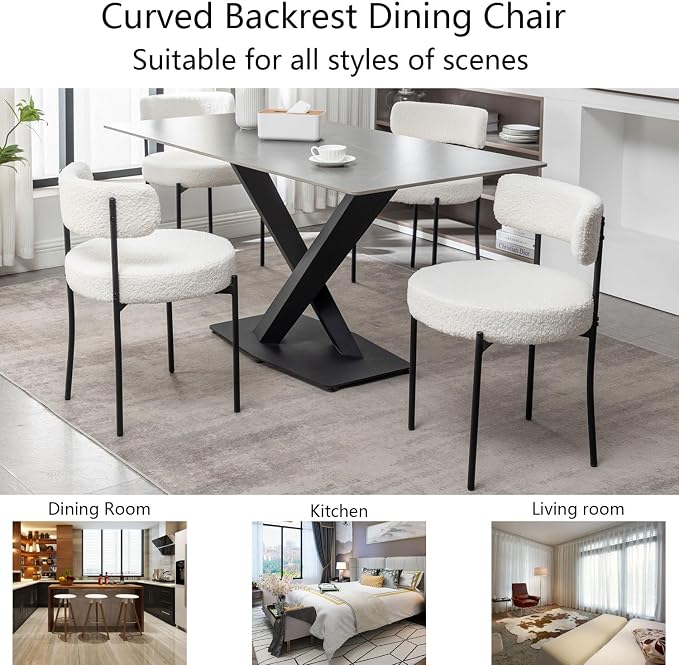Cinxzar White Boucle Dining Chairs Set of 6, Upholstered Dining Room Chairs with Black Metal Legs, Round Modern Dining Chair for Dining Room, Kitchen