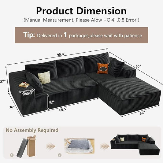 95" Cloud Sectional Couch with L-Shape Chaise, Modular Comfy Sofa Chaise Longue, Upholstered Corduroy Couches Sleeper with Deep Seat for Living Room Bedroom, No Assembly Required(Black, Right Facing)