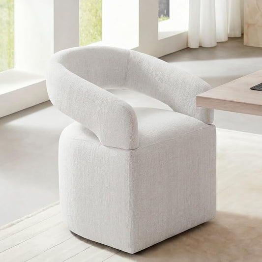KISLOT Upholstered Dining Chairs Set of 1, Modern Arm Kitchen & Dining Room Chairs with Hidden Casters, Linen Fabric Padded Rolling Chairs, Sturdy Wood Frame, 300 lbs Capacity, Light Linen