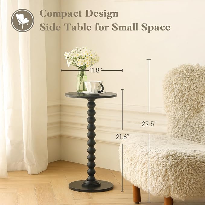 Fultyle Round Side Table, Small Drink Table for Small Spaces, Modern Accent End Table Nightstand with Solid Wood Leg for Living Room, Bedroom, Corners, and Office (Black)