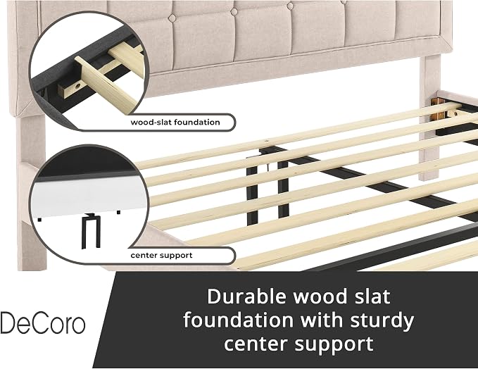 Decoro Mornington Upholstered 2.0 Platform Bed, Button-Tufted Fabric Headboard and Metal Frame with Wood Slat Support, Linen, King
