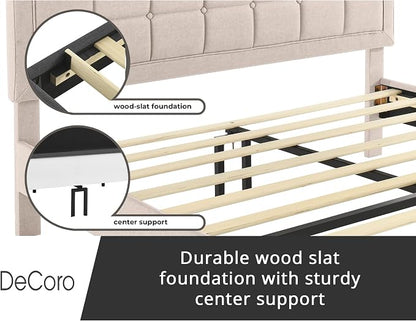 Decoro Mornington Upholstered 2.0 Platform Bed, Button-Tufted Fabric Headboard and Metal Frame with Wood Slat Support, Linen, King