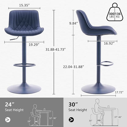 YOUTASTE Bar Stools Set of 2, Adjustable Swivel Counter Height Barstools with Back, All Navy Blue Faux Leather Upholstered Bar Chairs with Metal Base, Stools for Kitchen Island or Home Bar
