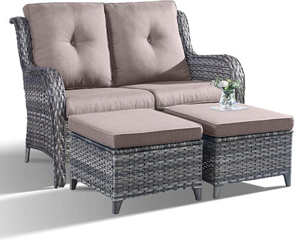 Outdoor Loveseat Sofa - 3 Piece Patio Furniture with Ottoman Deep Seating Patio Couch for Porch Deck Garden Backyard - Grey/Grey