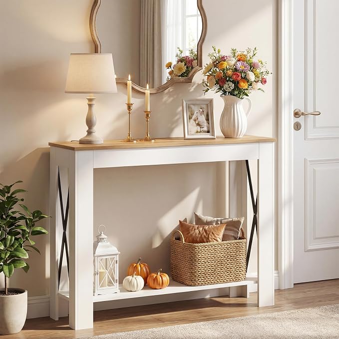 YATINEY Farmhouse Console Table, 39.4'' Small Narrow Entryway Table, Wood Couch Table Behind Sofa with Storage Shelf, Slim Farmhouse Hallway Table for Hallway, Foyer, White & Light Walnut CT34WV