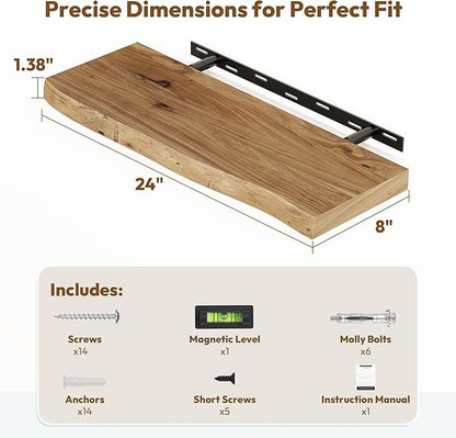 Vivelove Live Edge Floating Shelves 24 inch, Elm Wood Shelf, Rustic Farmhouse Wall Shelf with Invisible Bracket for Living Room Bedroom Bathroom Office Book, 24x8 - Set of 2 - Natural