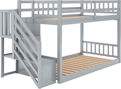 Twin Over Twin Bunk Bed with Ladder and for Storage Staircase for Teens, Boys or Girls, No Box Sping Needed