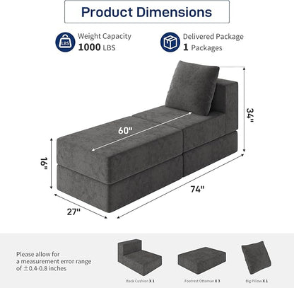 Living&Giving Cloud Sectional Couch for Living Room, Modular Boneless Couch with 1 Ottoman, Middle-seat Can Be Combined with Modular Sofa, Customizable Layout for Any Space, Dark Grey