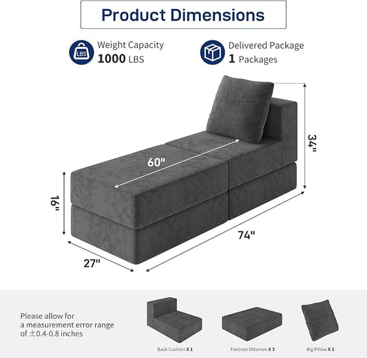Living&Giving Cloud Sectional Couch for Living Room, Modular Boneless Couch with 1 Ottoman, Middle-seat Can Be Combined with Modular Sofa, Customizable Layout for Any Space, Dark Grey