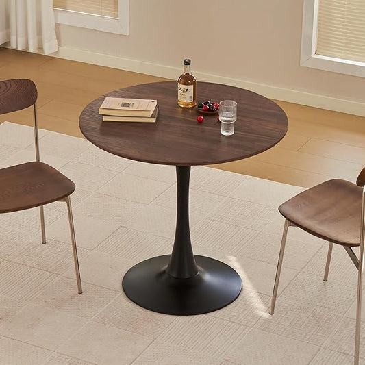 Round Dining Table, 31.5" Circle Tulip Table with Thickened Tabletop & Metal Pedestal, Mid Century Modern Bistro Table for Kitchen, Small Places, Living Room, Cafe (Faux Walnut)