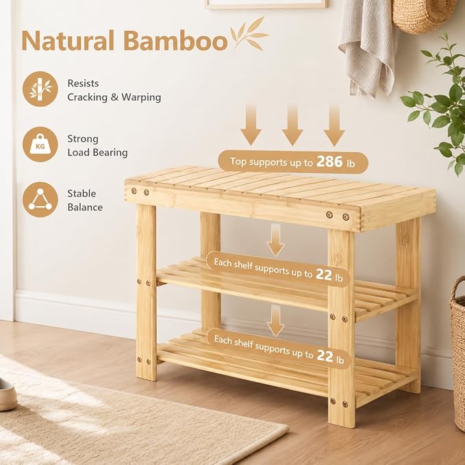 Shoe Rack Bench, 3-Tier Shoe Storage Organizer for Entryway , Shoe Shelf for Small Spaces, Multi-Functional Side Table Plant Stand, Shoe Stand for Bedroom, Living Room, Closet, Front Door, Natural