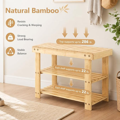 Shoe Rack Bench, 3-Tier Shoe Storage Organizer for Entryway , Shoe Shelf for Small Spaces, Multi-Functional Side Table Plant Stand, Shoe Stand for Bedroom, Living Room, Closet, Front Door, Natural