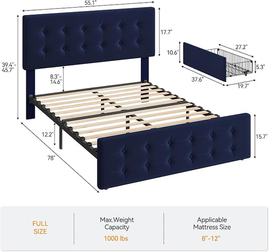 IDEALHOUSE Full Size Bed Frame with 4 Storage Drawers and Headboard, Velvet Upholstered Platform Bed Frame with Wooden Slats Support, Button Tufted Design, No Box Spring Needed, Blue