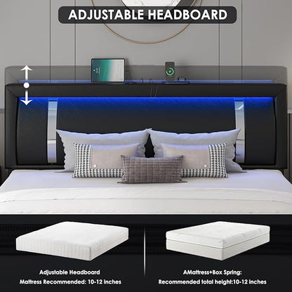 Keyluv King Size Bed Frame with RGB LED Lights & 2 Storage Drawers, Modern Upholstered Platform Bed with Iron Metal Decor, USB Charging Ports, Black