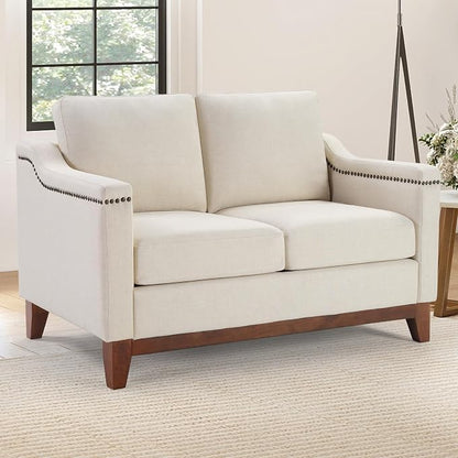 HAOMARKETS Vintage 2-Seater Upholstered Loveseat Sofa with Nailhead Trim, High-Density Foam Cushion & Solid Wood Legs, Soft Fabric Couch for Small Spaces, Beige