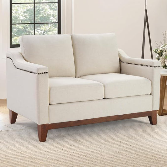 HAOMARKETS Vintage 2-Seater Upholstered Loveseat Sofa with Nailhead Trim, High-Density Foam Cushion & Solid Wood Legs, Soft Fabric Couch for Small Spaces, Beige