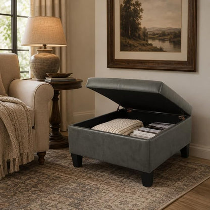 HomePop 28" Faux Leather Square Storage Ottoman - Pewter Gray