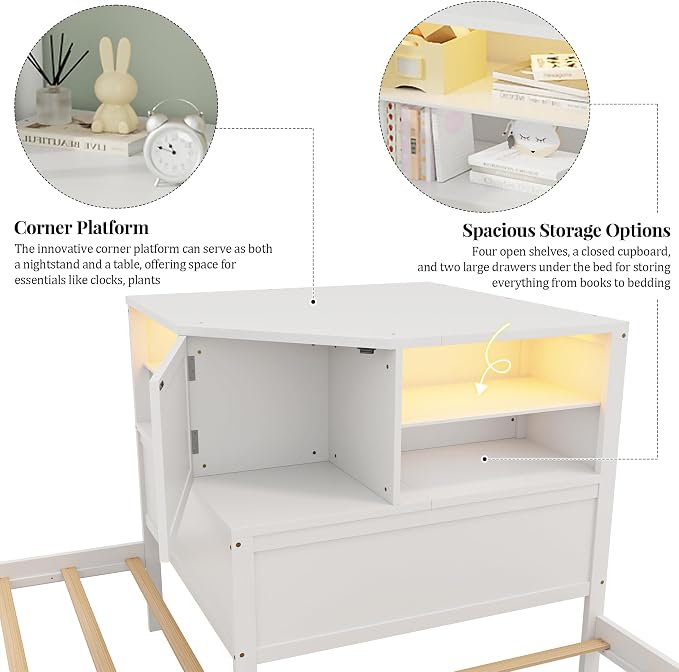 Merax L-Shaped Combination Twin Bed Frame with Trundle,Drawer,Built-in Desk and Led Downlight,3-in-1 Design for Bedroom