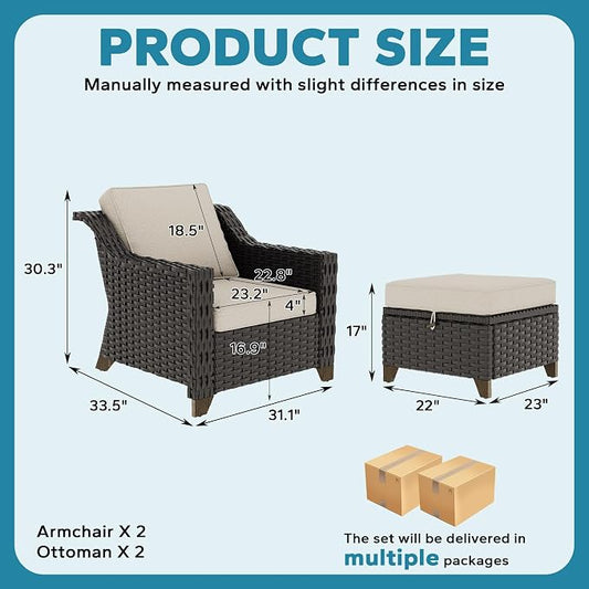 4 Pieces Patio Conversation Furniture Set - 2 Chairs with Ottomans Set of 2, Outdoor Wicker Armchairs with Water-Resistant and Washable Cushions for Porch, Balcony, Sunroom (Beige)