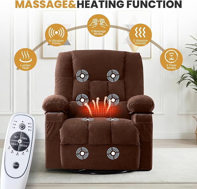 Swivel Recliner Chair for Adults with Vibration Massage and Lumbar Heat , Oversized Ergonomic Rocking Chair for Living Room and Bedroom, Featuring Side Pocket, 2 Cup Holders & USB Charge Port