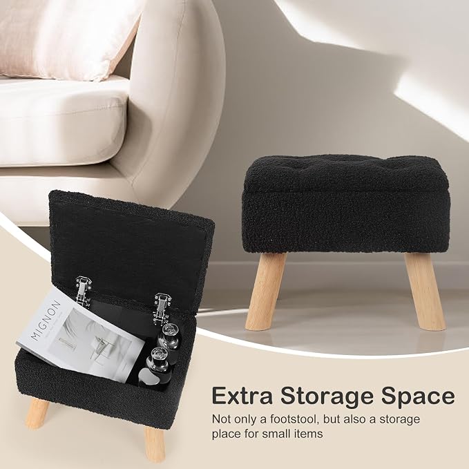 OGEMXU Storage Ottoman, Small Foot Stool Ottoman with Storage, Boucle Teddy Velvet Foot Rest with Padded Seat, Sturdy Wood Legs Stool for Living Room, Bedroom, Couch, Enterway (Black)