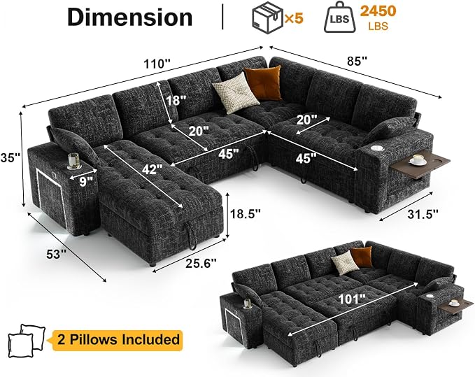 Vipbear 111" Modular Sectional Sleeper Sofa with Pull Out Bed, 7 Seat Chenille L Shaped Couch with Storage Chaise|USB Ports|Cup Holders|Side Table|LED Light, Tool Free Assembly, Black