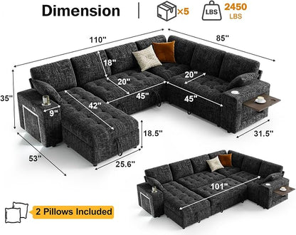 Vipbear 111" Modular Sectional Sleeper Sofa with Pull Out Bed, 7 Seat Chenille L Shaped Couch with Storage Chaise|USB Ports|Cup Holders|Side Table|LED Light, Tool Free Assembly, Black