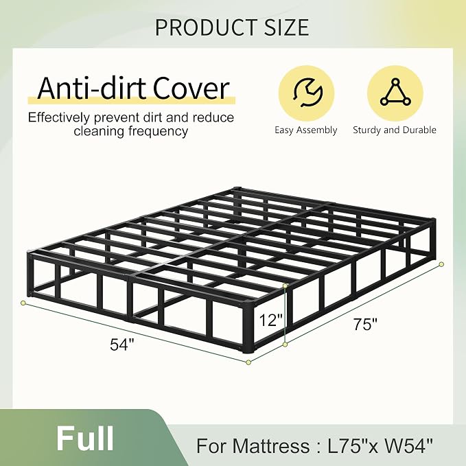 Lutown-Teen 12 Inch Full Size Box Spring High Profile, Heavy Duty Metal Box Spring Full Bed Base with Fabric Cover, Mattress Foundation, Noise Free, Easy Assembly