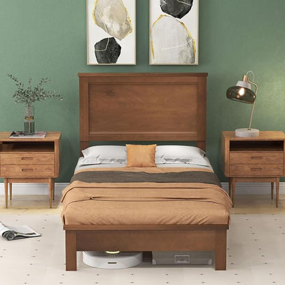 Giantex Wood Twin Bed Frames with Headboard, Mid Century Platform Bed Frame with Solid Wood Legs & Wooden Slat Support, Twin Bed Frames for Kids Adults, Walnut Bed