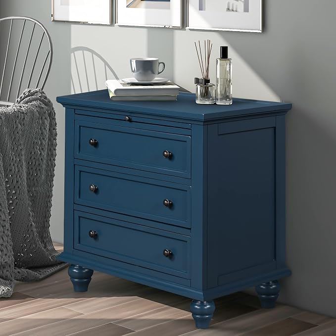 Merax Wood Nightstand with 3 Storage Drawers, Bedside End Table with Pull Out Tray, Blue (No Guide Rails)